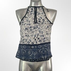 Olive Tree Floral Halter Peplum Top in Navy and White size S